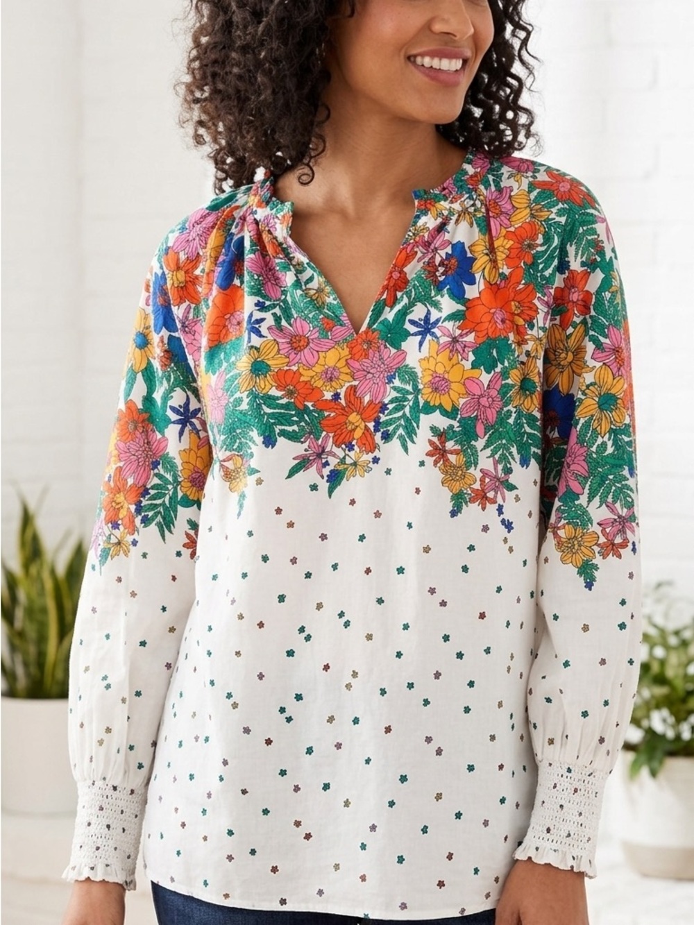 Talbots White Floral Yoke Split-Neck Blouse with Colorful Print